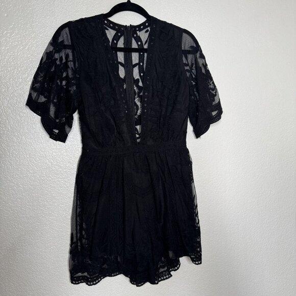 Black Lace Short-Sleeve Romper With Sheer Details & Intricate Embroidery Polyest - Picture 1 of 6
